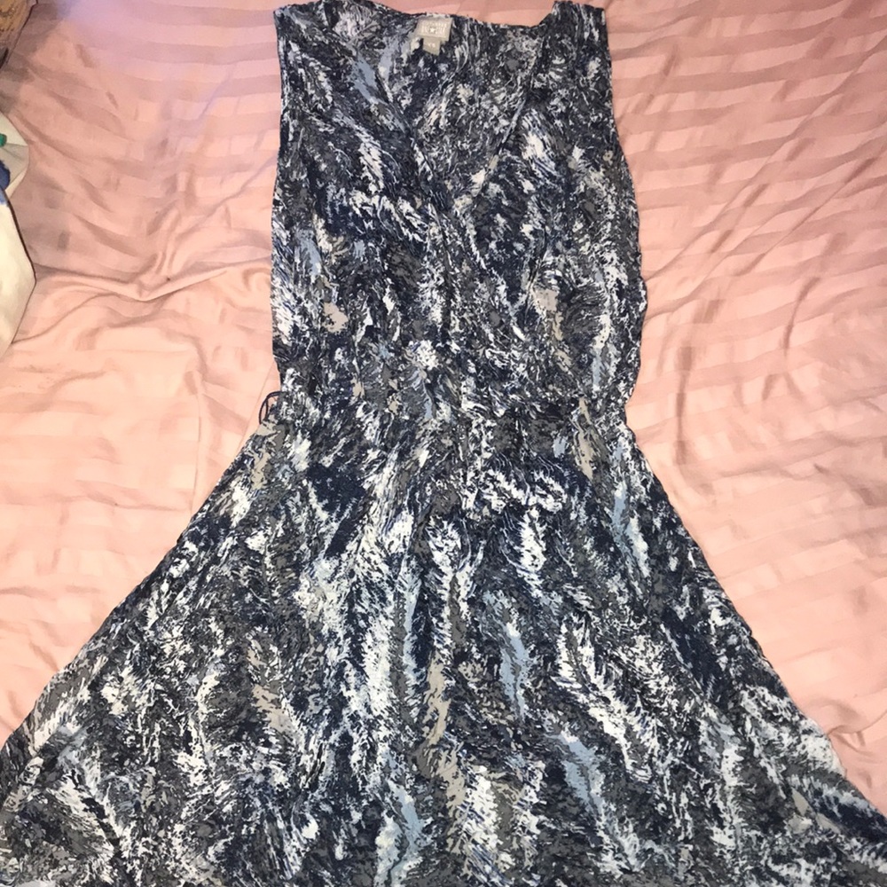 Blue grey and white dress.